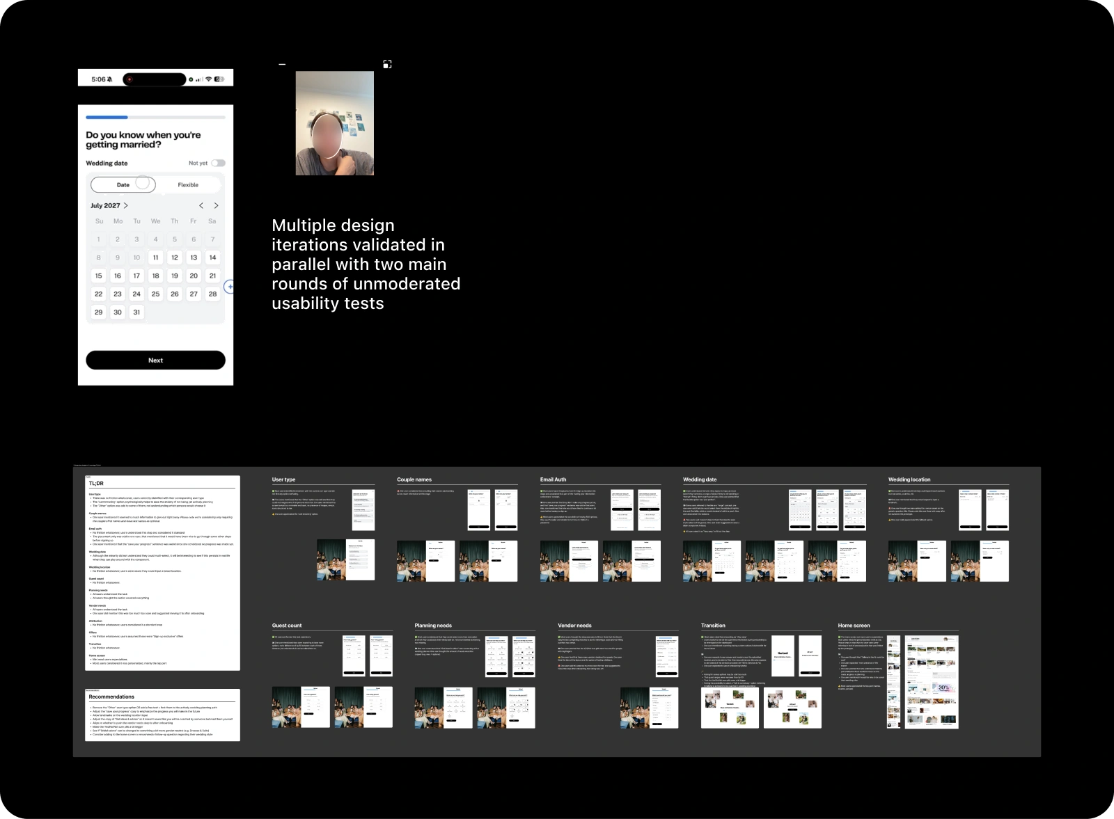 A dark research board summarising usability-testing findings and recommendations, with before/after phone screens and participant photos grouped by topic: user type, couple names, email auth, wedding date, wedding location, guest count, planning needs, vendor needs, transitions, and the home screen.